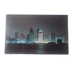 Postcard Detroit Michigan Night Skyline View River